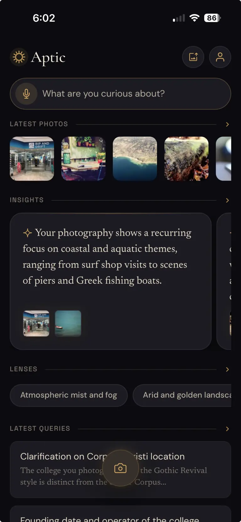The Aptic app showing a feed of captured photos and insights.